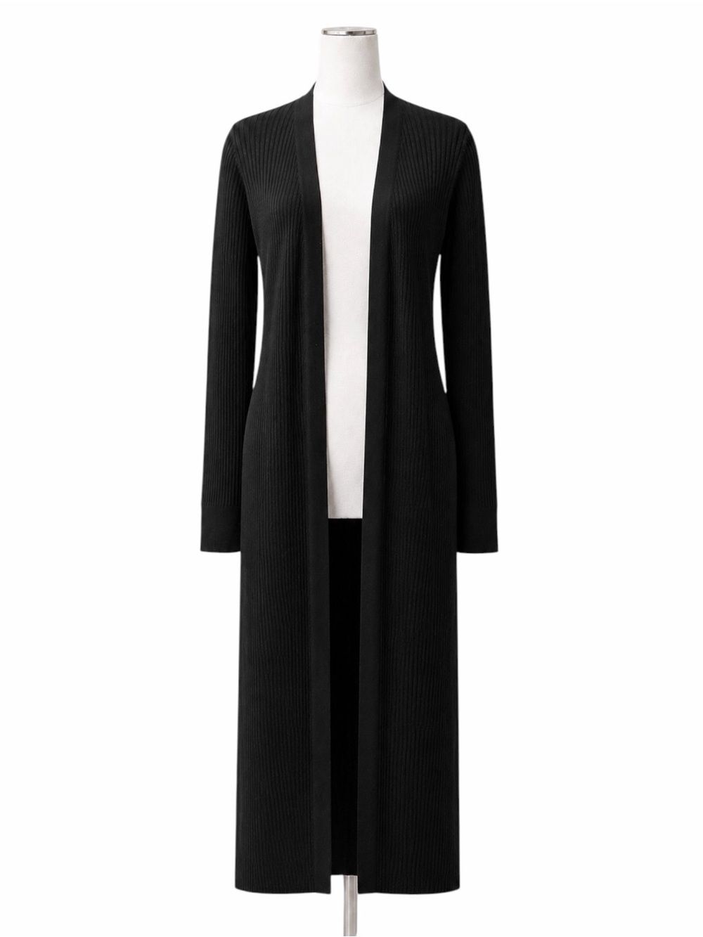 White House Black Market Ribbed Long Duster Cardigan WHBM Open Front Black M - Picture 2 of 12